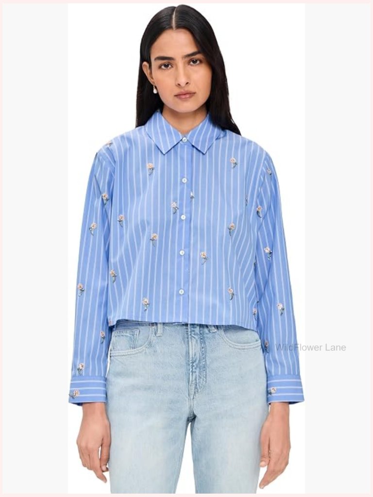 Crop High Low Button Down Shirt With Sequins - Pinstripe